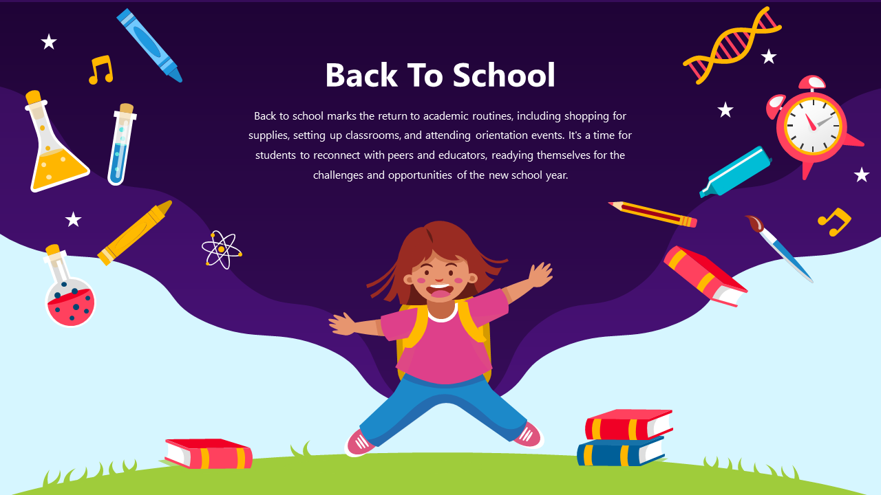 Joyful child wearing a backpack surrounded by school supplies and scientific tools against a purple and green background.