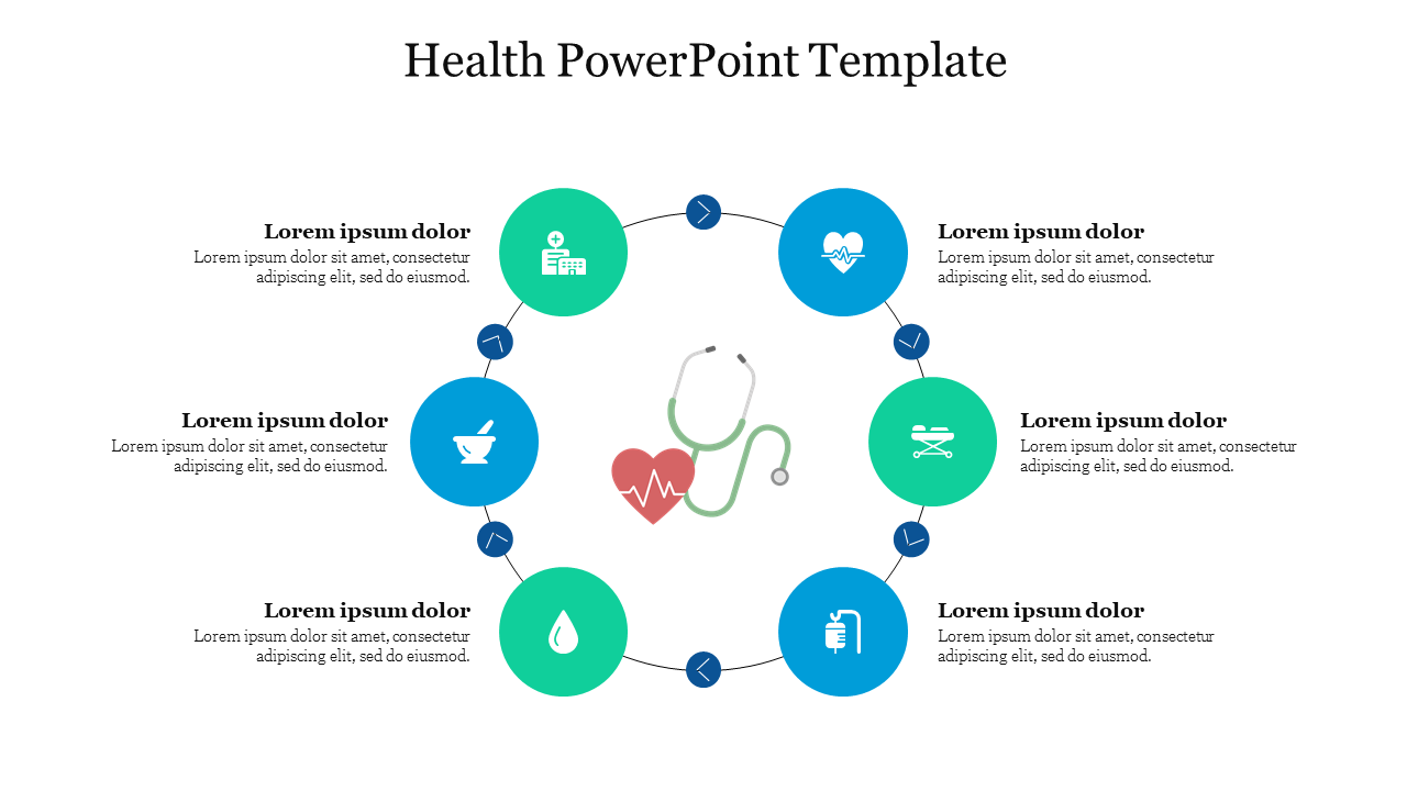 Health PowerPoint template with circular icons for various medical services centered around a stethoscope and heart symbol.