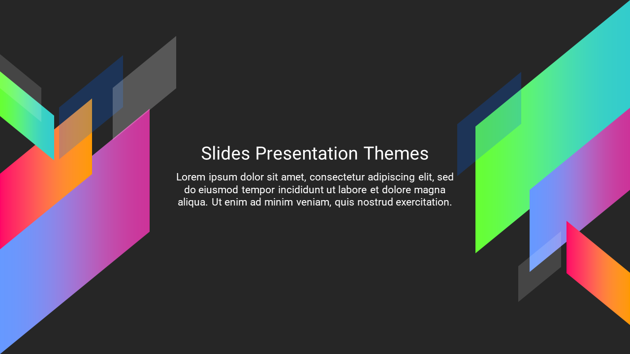 Dark themed slide with colorful angular shapes in pink, blue, green, and yellow, creating a dynamic, modern design.