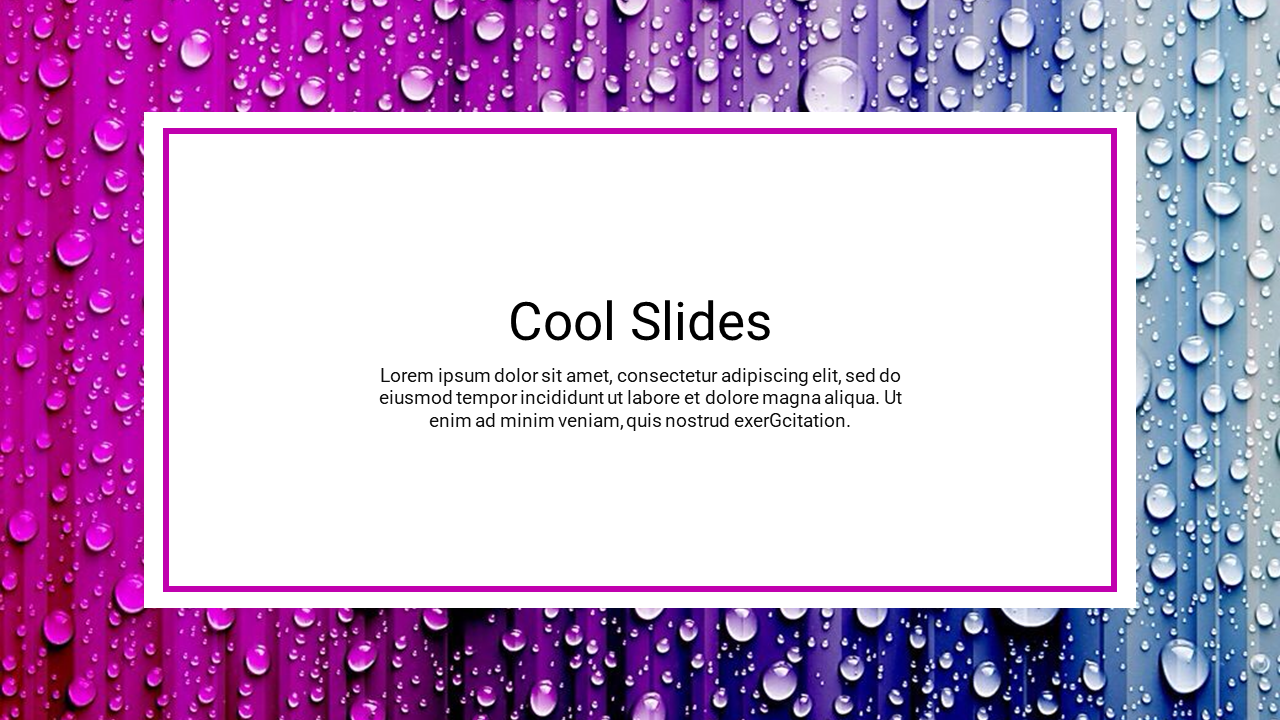 Central white box with text, surrounded by a colorful background transitioning from pink to blue with water droplets.