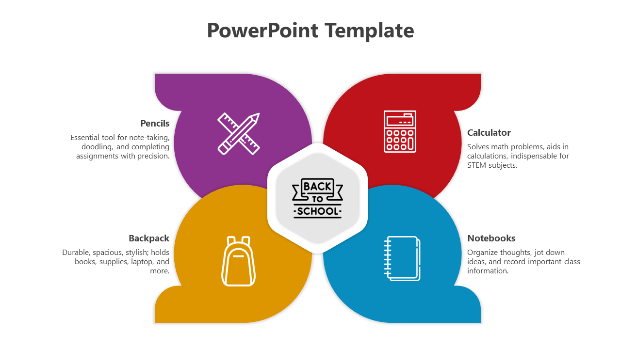 Education themed PowerPoint slide with colorful icons for pencils, calculator, backpack, and notebooks with text.