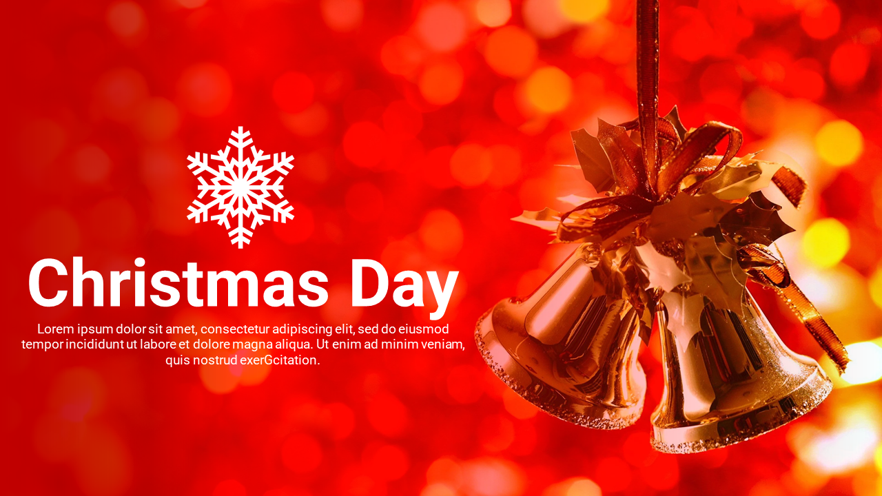 Christmas Day Google Slides template featuring festive bells and a snowflake design with placeholder text.