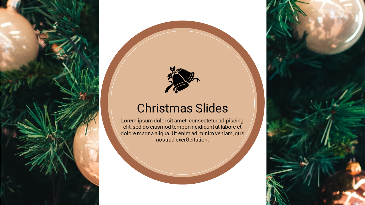 Slide with a brown circular frame around the caption, and a blurred Christmas tree with decorations in the background.