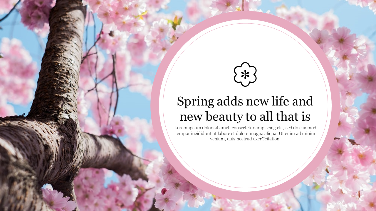 Spring themed Google Slides design with a blooming tree and soft pink accents.