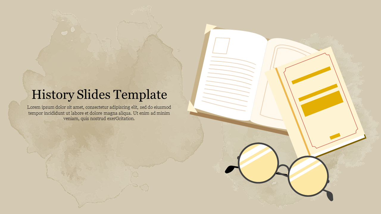 History template with an open book and glasses on a beige background with a title and text placeholder.