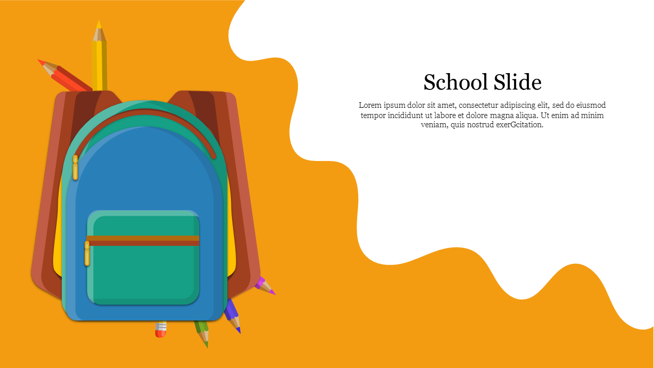 School bag illustration with pencils sticking out, alongside placeholder text on a wavy white background.