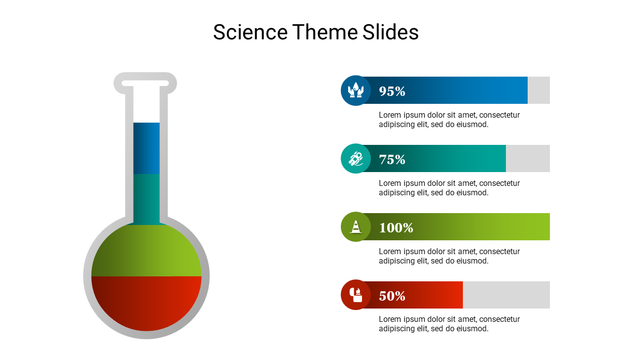 Illustration of a flask filled with four colored layers, representing different percentages, with placeholder text and icons.