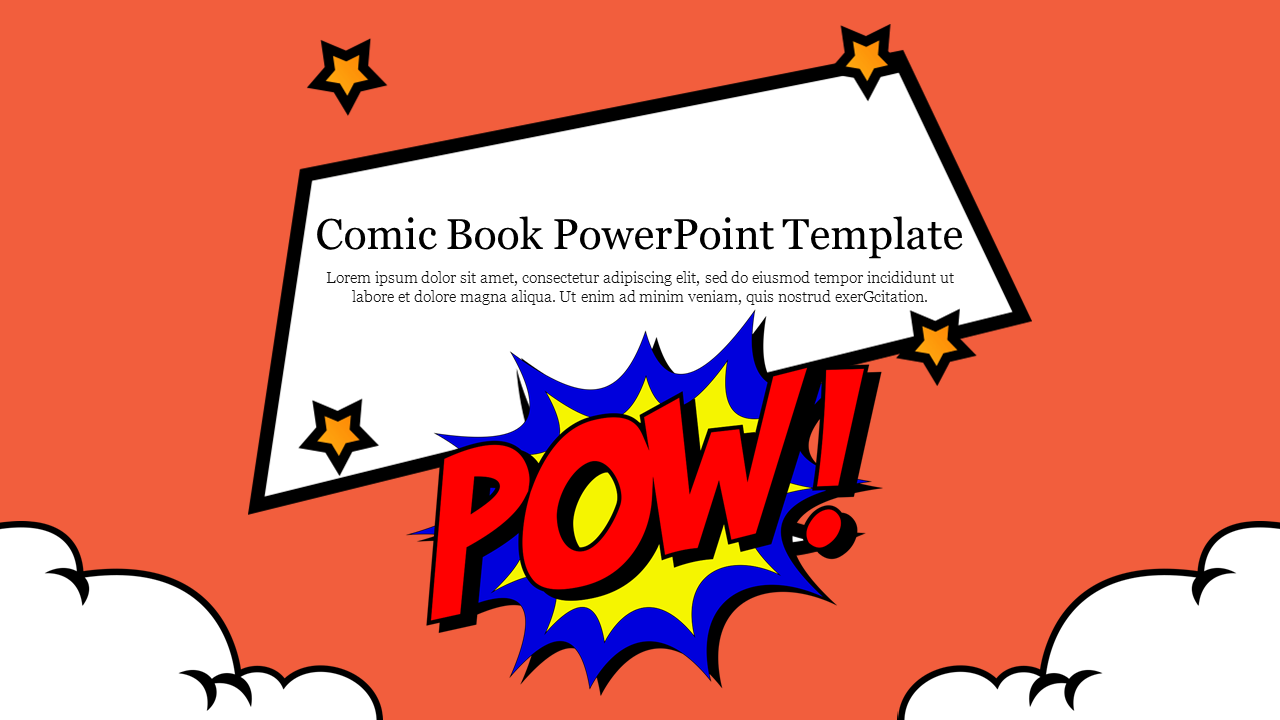 Comic book themed slide with a pow explosion in red and blue, framed by stars and clouds on an orange background.