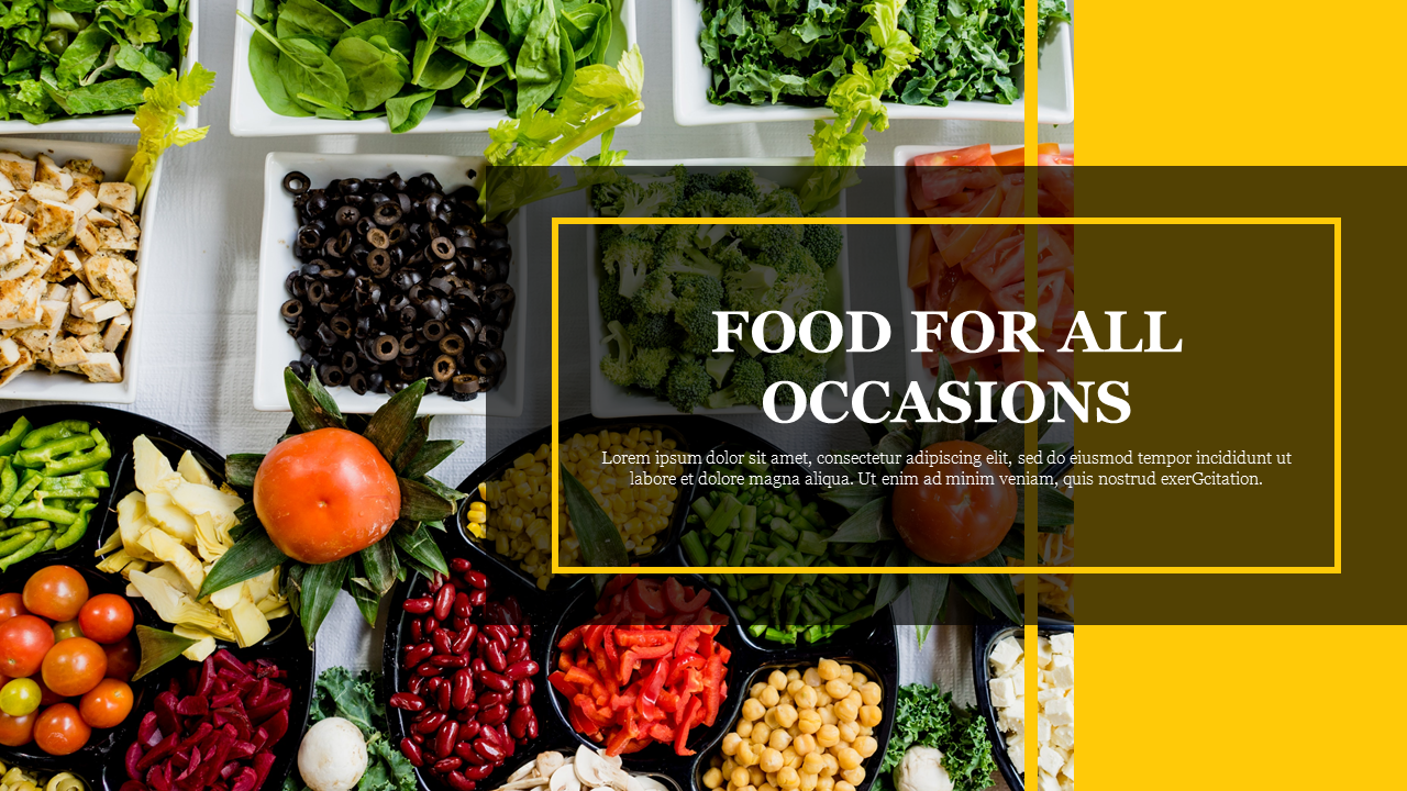 Slide showcasing colorful food ingredients like olives, tomatoes, greens, and peppers with a message.