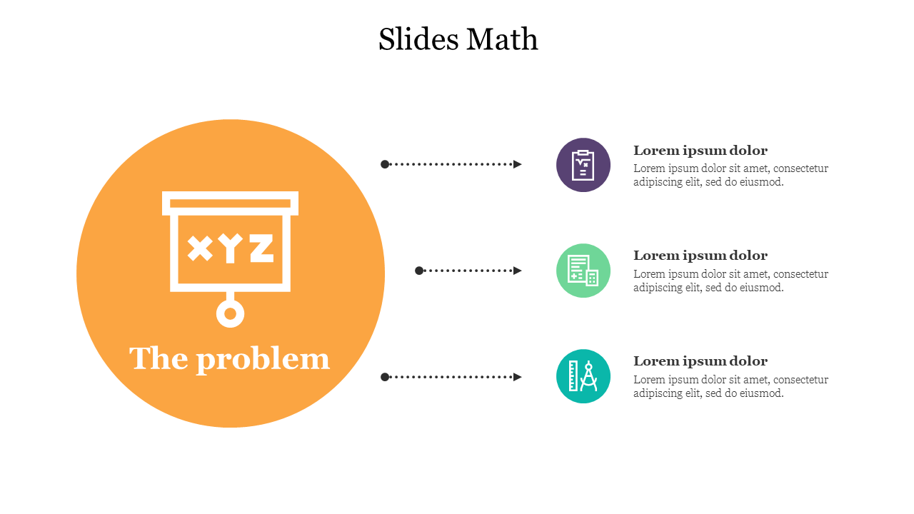  Math slide with a focus on a problem statement in an orange circle, leading to three solution steps with caption areas.