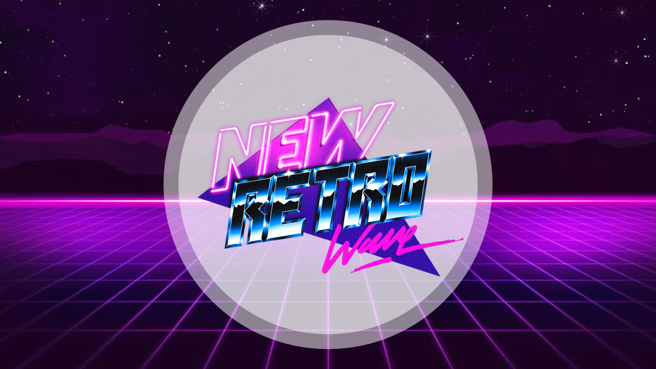 Synthwave retro inspired background featuring a glowing purple grid, mountains, and a circular overlay.