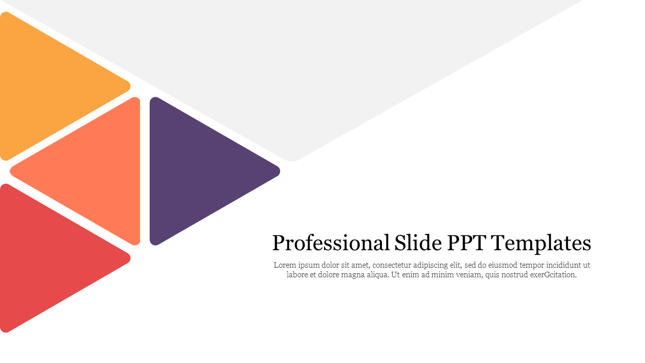 Professional PowerPoint template featuring a minimalist design with angular color blocks in yellow, orange, red, and purple.