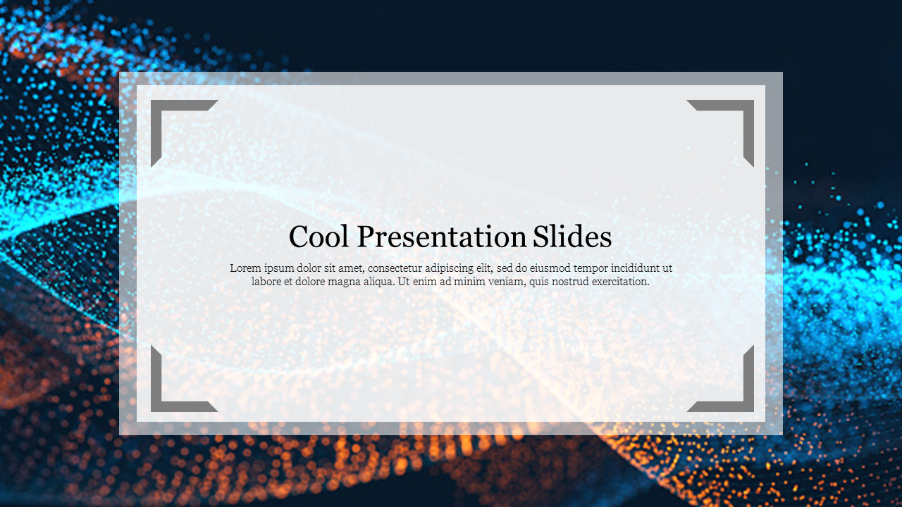 Abstract cool background with blue and orange particles, featuring a transparent overlay and bordered text area.