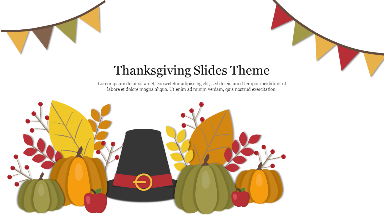 Thanksgiving decoration with pumpkins, leaves, berries, and a hat beneath a colorful banner, with title and text area.