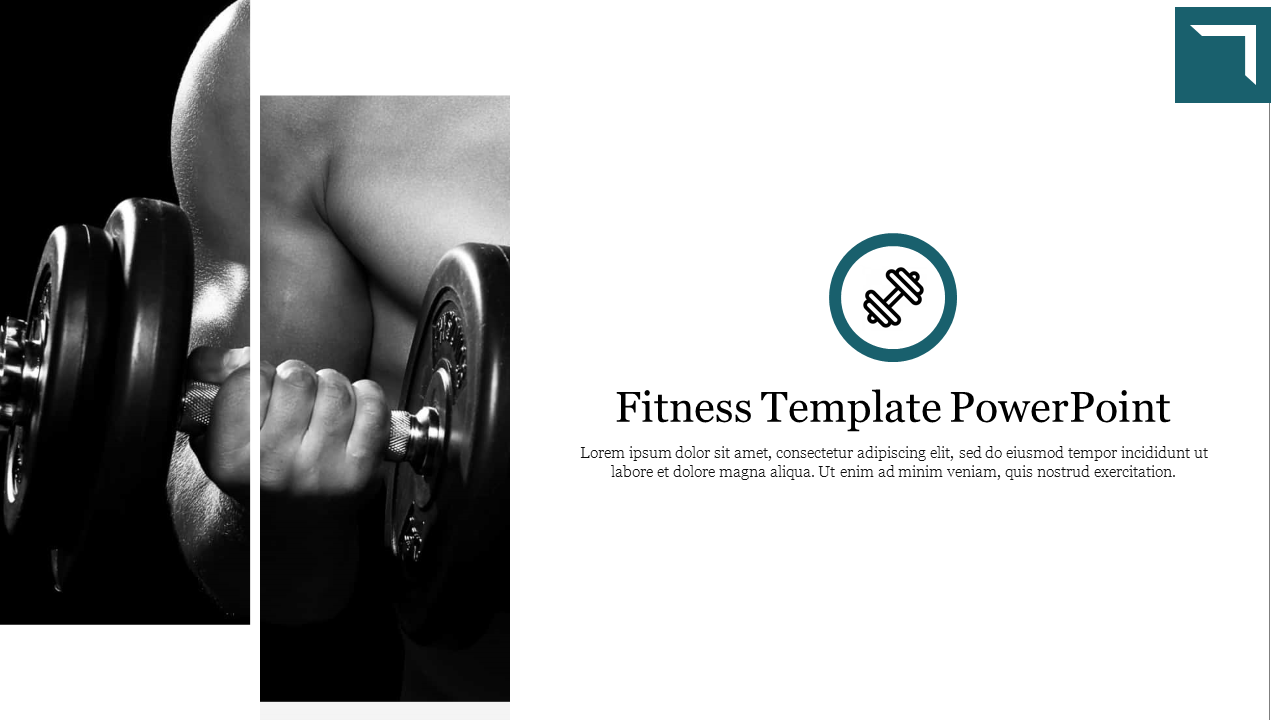 Fitness slide shows a person lifting a dumbbell with a black and white effect and an icon of a barbell with text.