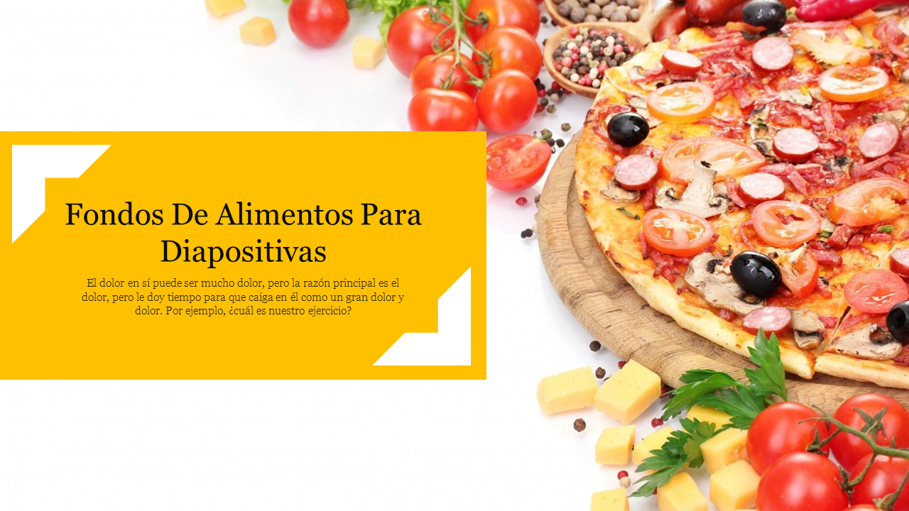 Fondos De Alimentos Para Diapositivas features a pizza with tomato, sausage, and mushrooms, accompanied by fresh ingredients.