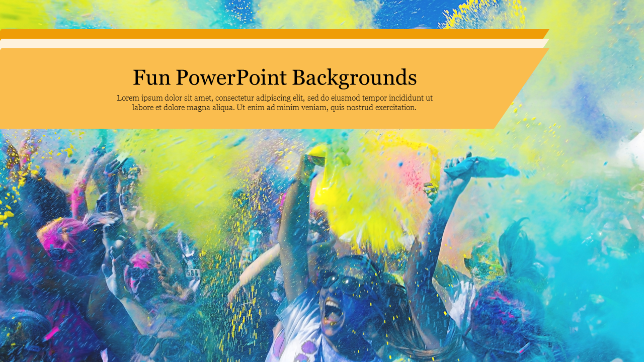 Vibrant background image of people enjoying a fun color festival, with a yellow text box for slide title and description.