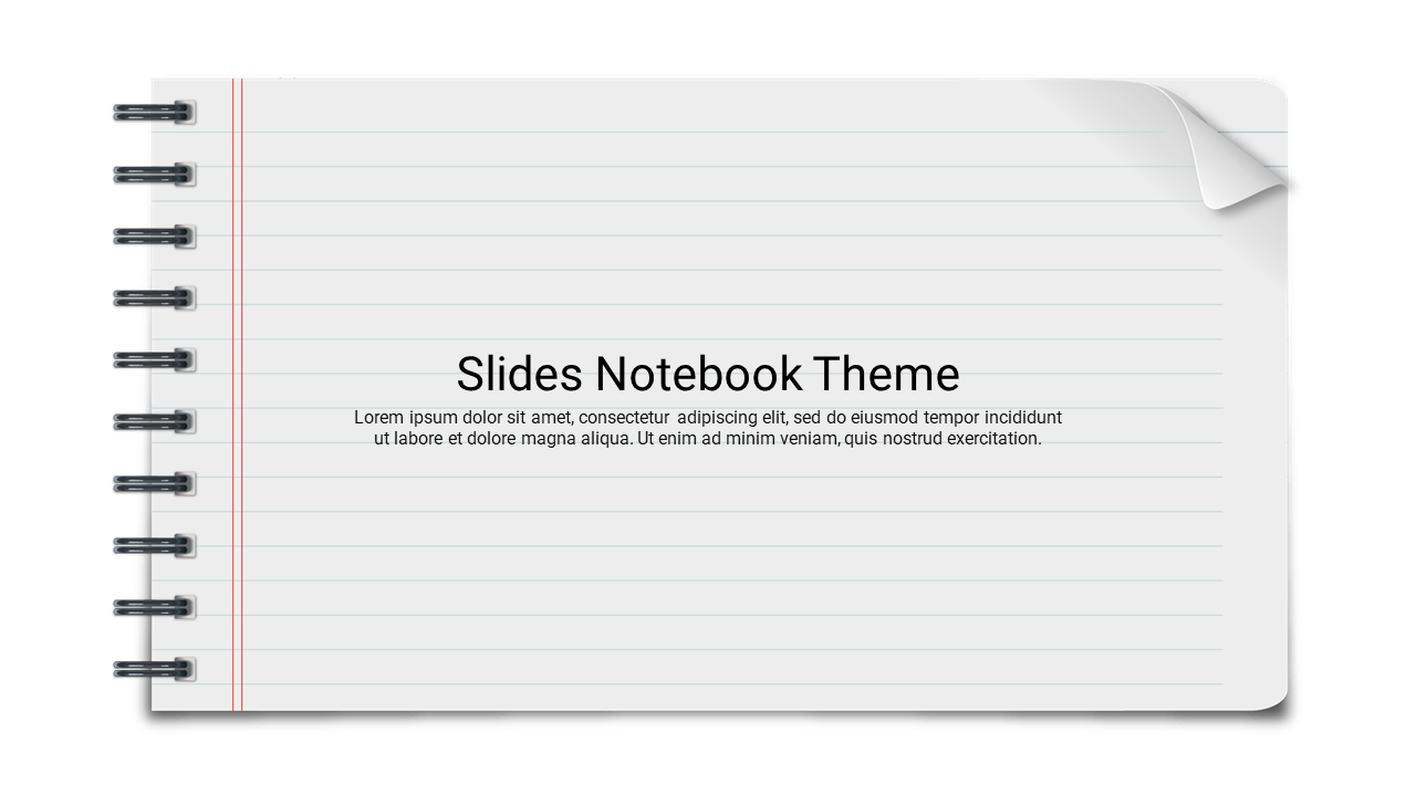 Notebook themed slide with spiral binding and lined pages, featuring text in the center.