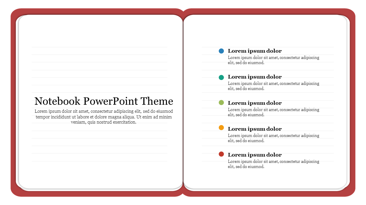 Slide featuring an open notebook with red borders, and colorful bullet points on the right.