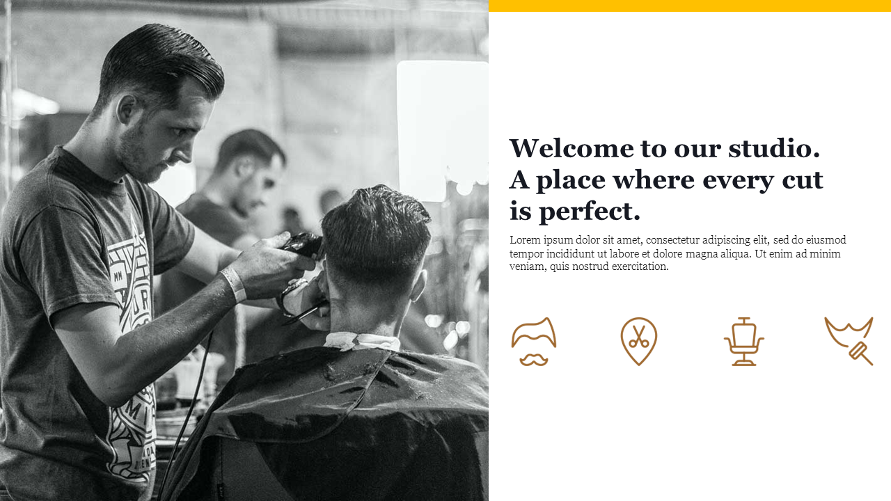 Monochrome barber shop scene with a stylist cutting hair, and salon themed icons and text on the right.