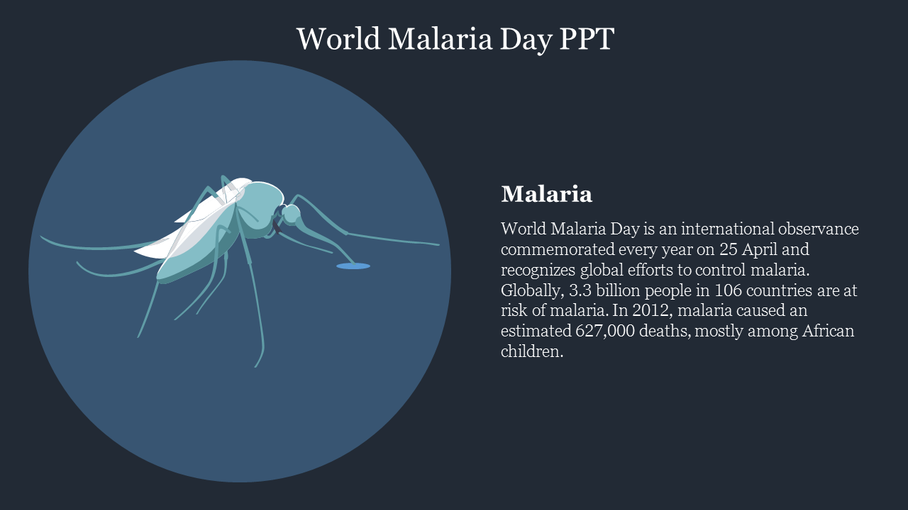 Illustration of a mosquito on a dark blue circular background with a text about world malaria day.