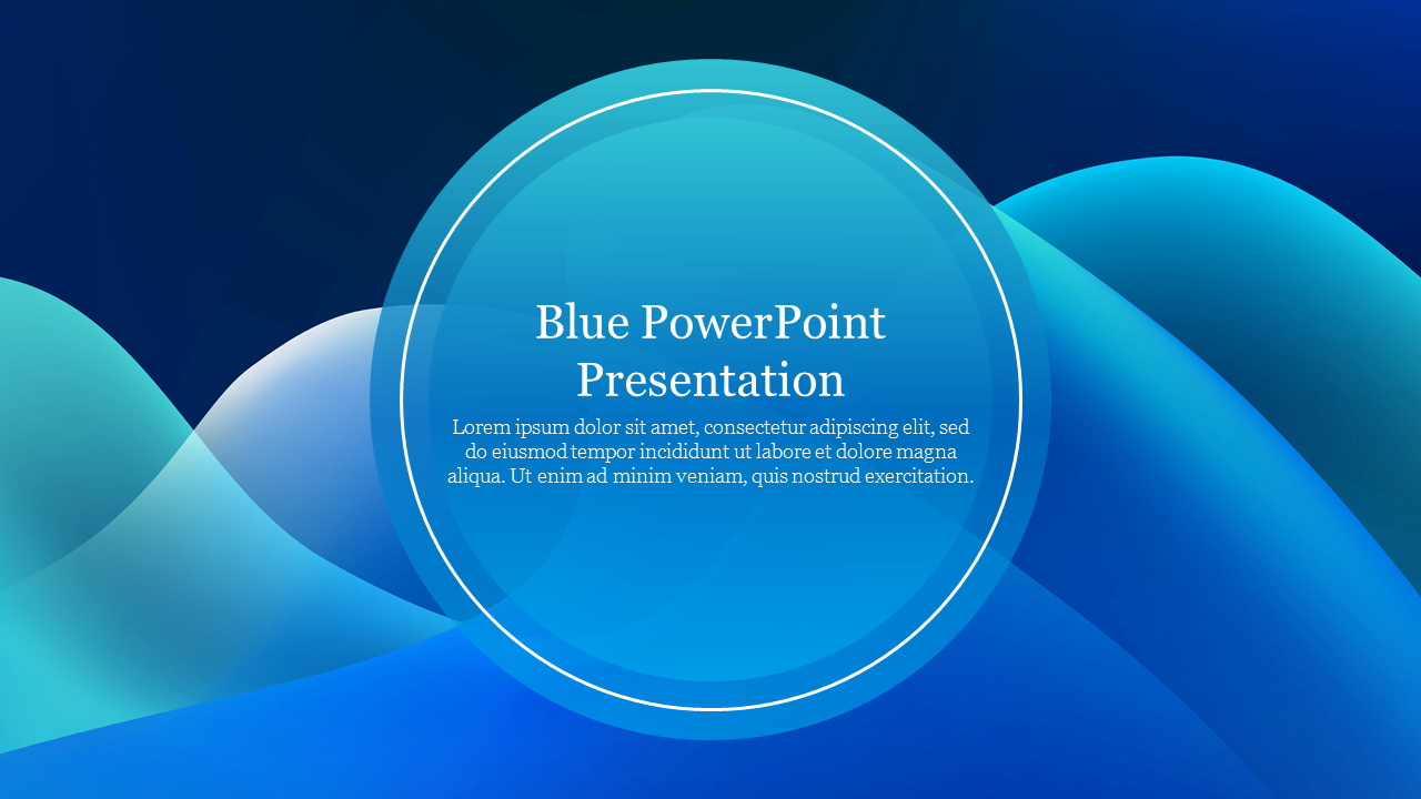 Blue themed slide with wavy gradient patterns and a central circular text area bordered with white rings.