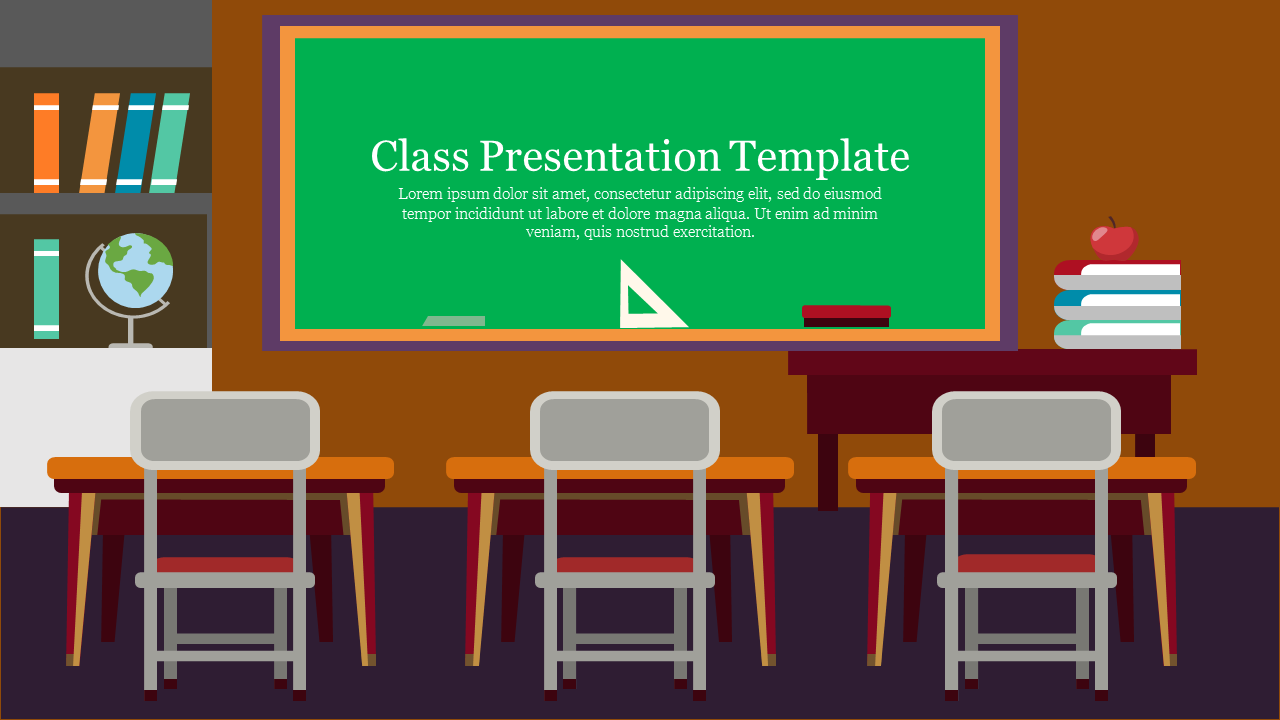 Classroom scene with three desks facing a green chalkboard, stacked books, and a globe on a shelf to the left.