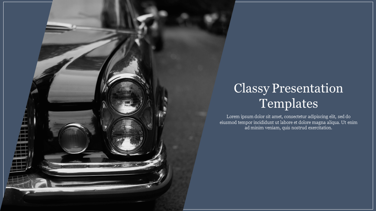 Classy PPT slide featuring a vintage black car with elegant design elements and placeholder text.