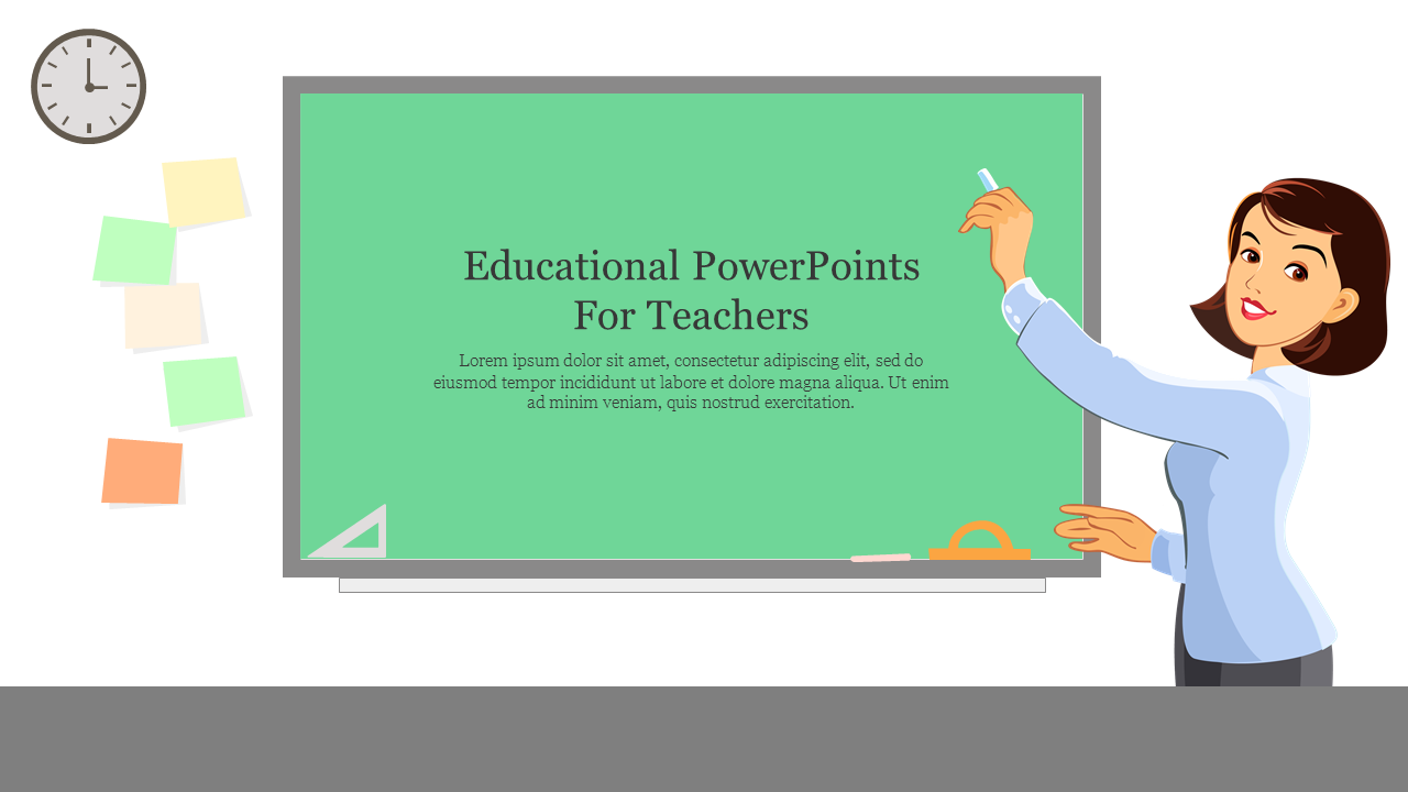 Educational PowerPoint slide with a teacher using a chalkboard and writing content.