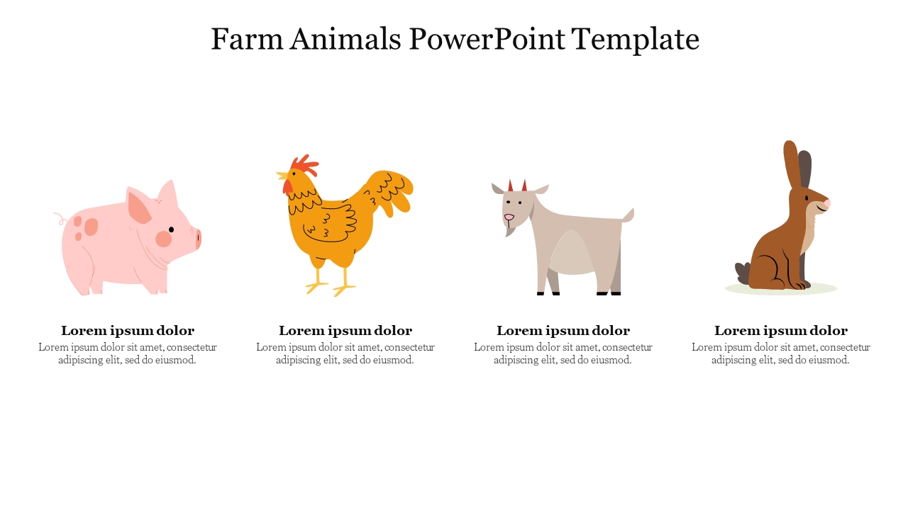 Farm animals slide featuring illustrations of a pig, chicken, goat, and rabbit with placeholder text.