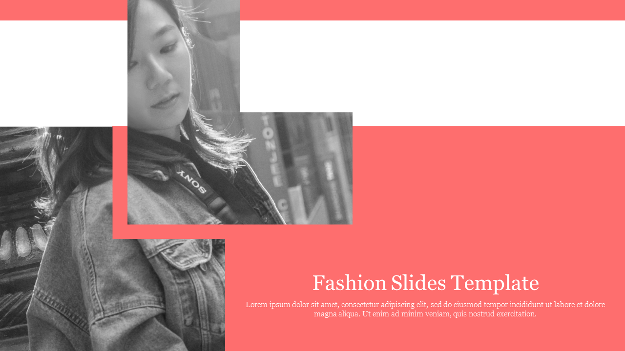 Fashion themed template featuring a monochrome photo of a woman with a pink and white geometric design.