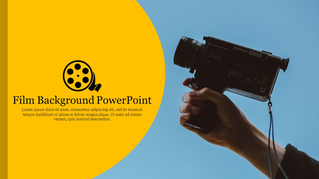 Film themed slide showcasing a retro camera against a clear blue background with contrasting yellow elements with text.