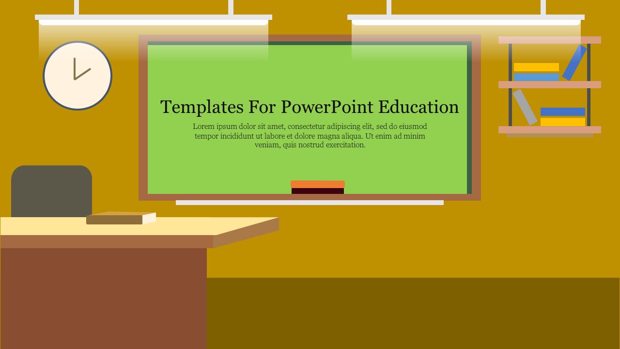 Education PPT slide classroom setting with a green chalkboard, a desk, and bookshelves, paired with a placeholder text.