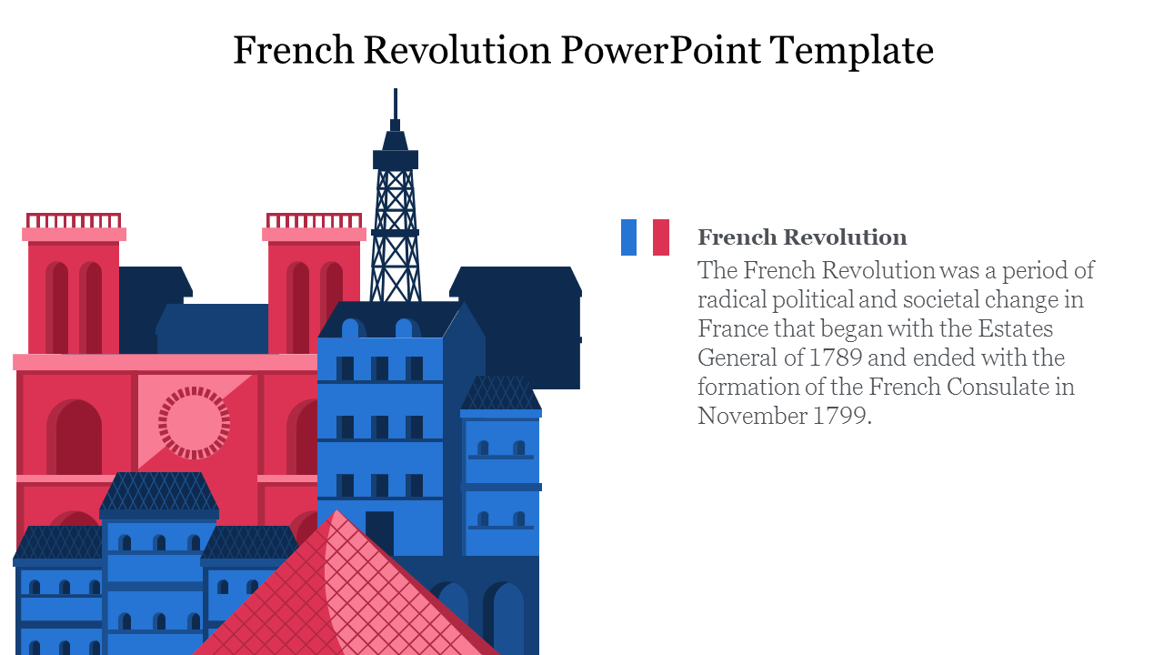 Illustration of French buildings in red and blue, with the Eiffel Tower in the background, and text on the right.