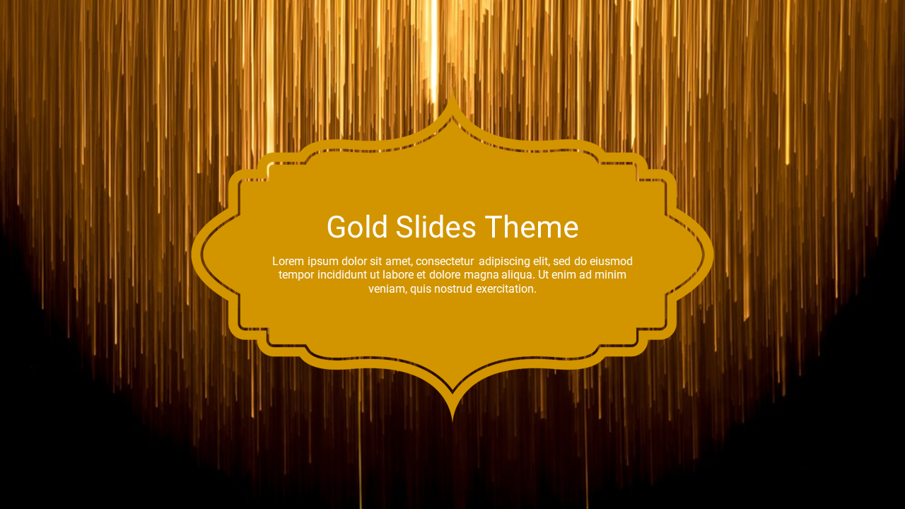 Elegant gold slide featuring vertical light streaks and a center panel for text with a decorative border.