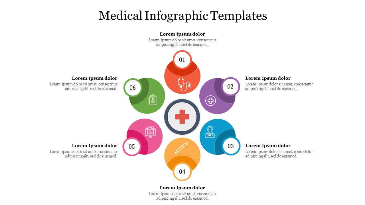 Infographic slide with six circular segments around a central red cross icon, each segment displaying a medical related icon.