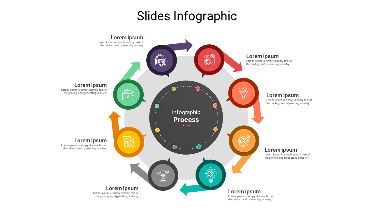 Infographic design in a circular format, featuring eight colored arrows labeled with icons and placeholder text.