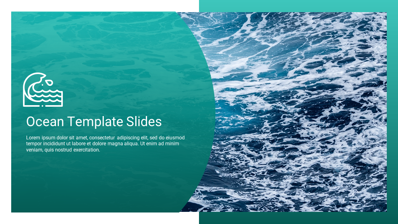 Text over a teal background, with an image of ocean waves in blue and white, in a split design layout.