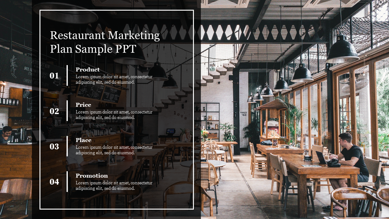 A cozy restaurant scene highlighting the dining area and a staff member, alongside a marketing plan framework.