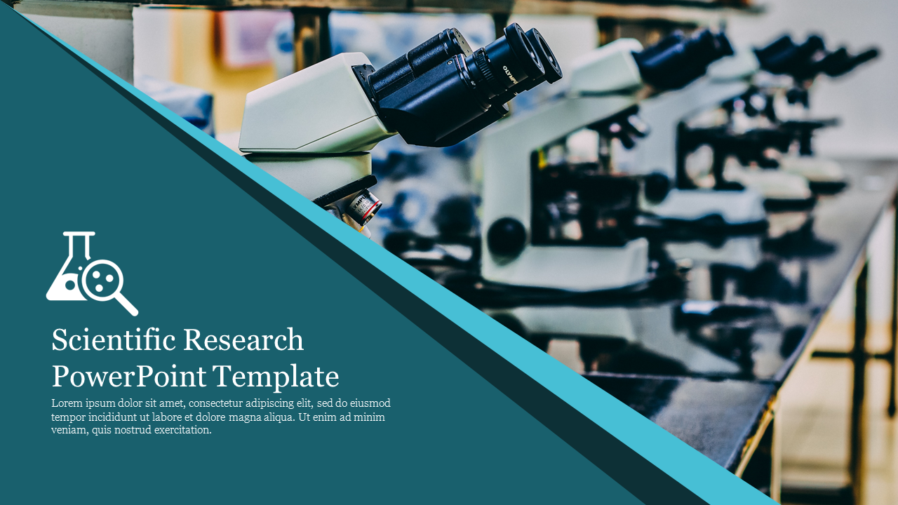 Scientific research template with a microscope in focus and icon of lab equipment on a blue overlay with a caption area.