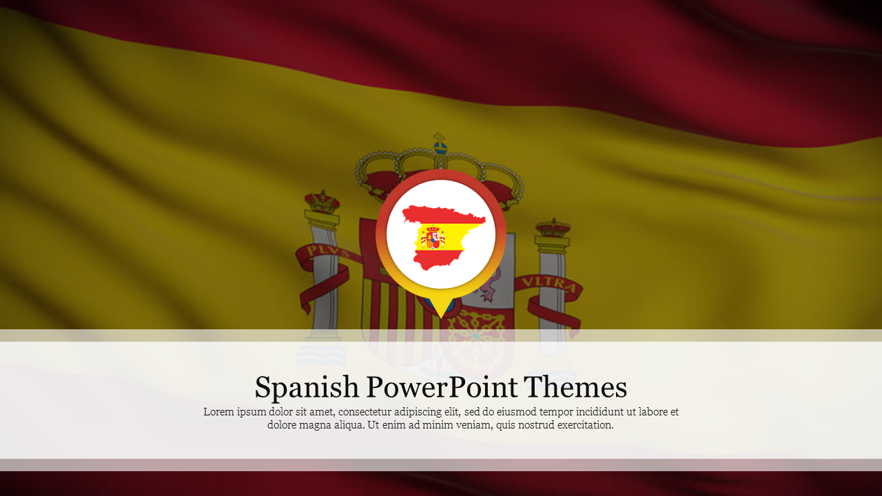 Waving Spanish flag background with a circular emblem in the center, and text below in a white transparent box.