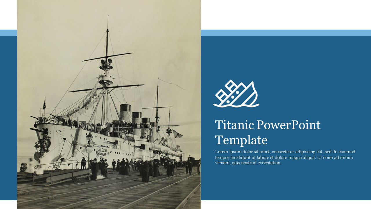 Slide with a vintage ship image on the left and a blue title area on the right, with stylized titanic graphic.