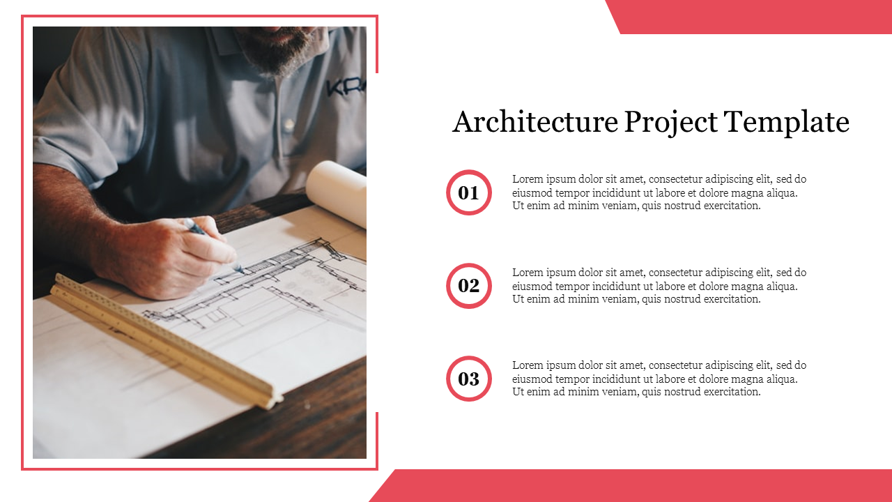 Architecture project PPT slide with a person drawing on architectural blueprints, accompanied by numbered text placeholders.