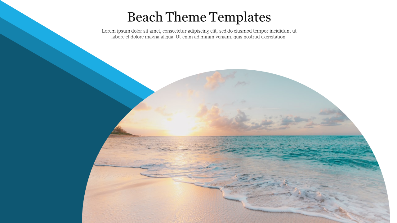 Beach theme slide with a circular photo of a serene shoreline at sunset, designed with a blue geometric overlay.