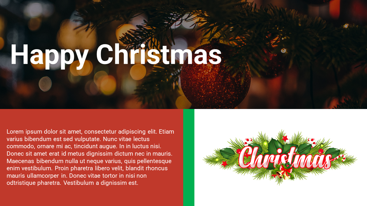 Christmas themed slide with a festive red and green color scheme, showing a decorated tree and text.