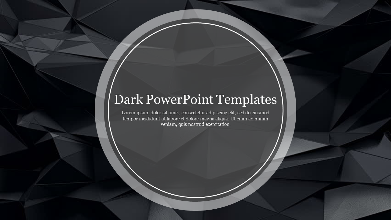 Presentation slide with a dark theme, showcasing a black geometric background and a central circular text frame.