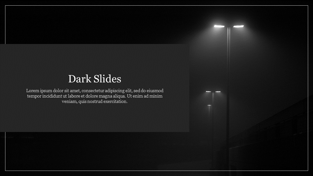 Slide with dim streetlights and a central overlaying text box, on a dark, moody background.