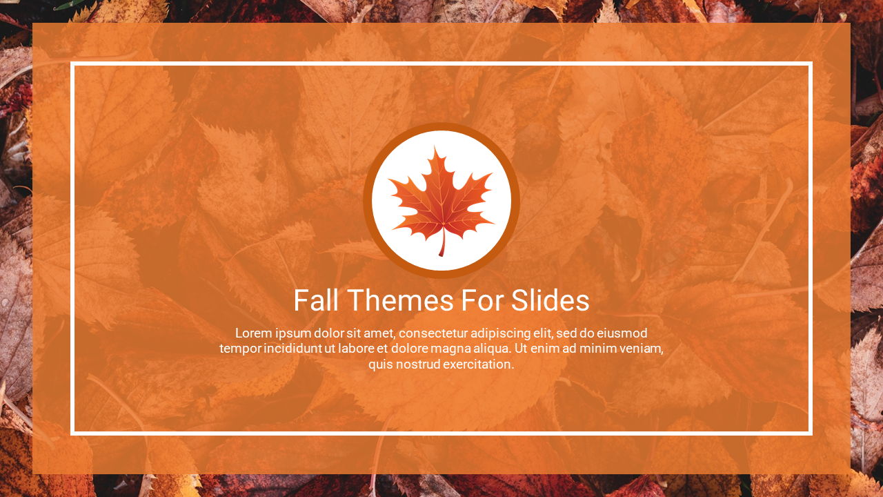 Autumn themed slide with a fall leaf icon and orange overlay on a background of fallen leaves.