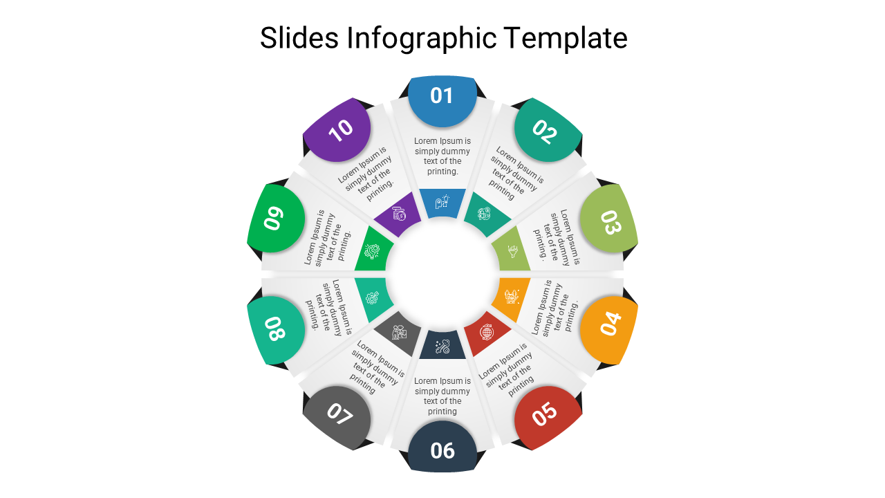 Infographic template with a circular design featuring ten numbered sections in different colors, each containing a caption.