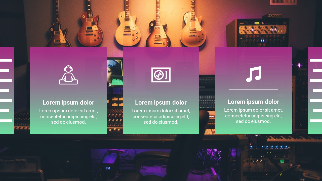 Music themed Google Slides template with icons for music, DJing, and sound equipment, over a studio backdrop.